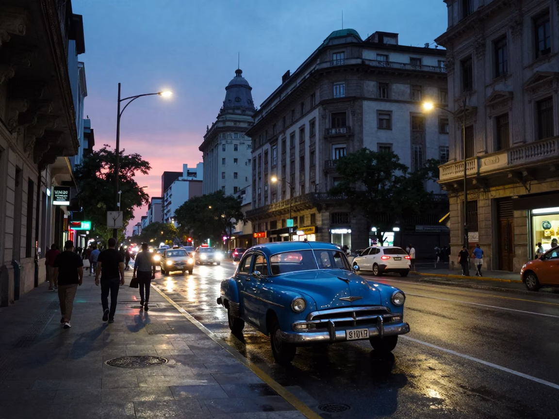 Buenos Aires Twilight Street Scene with Classic Taxi and Neon Signs in in Buenos Aires, Argentina