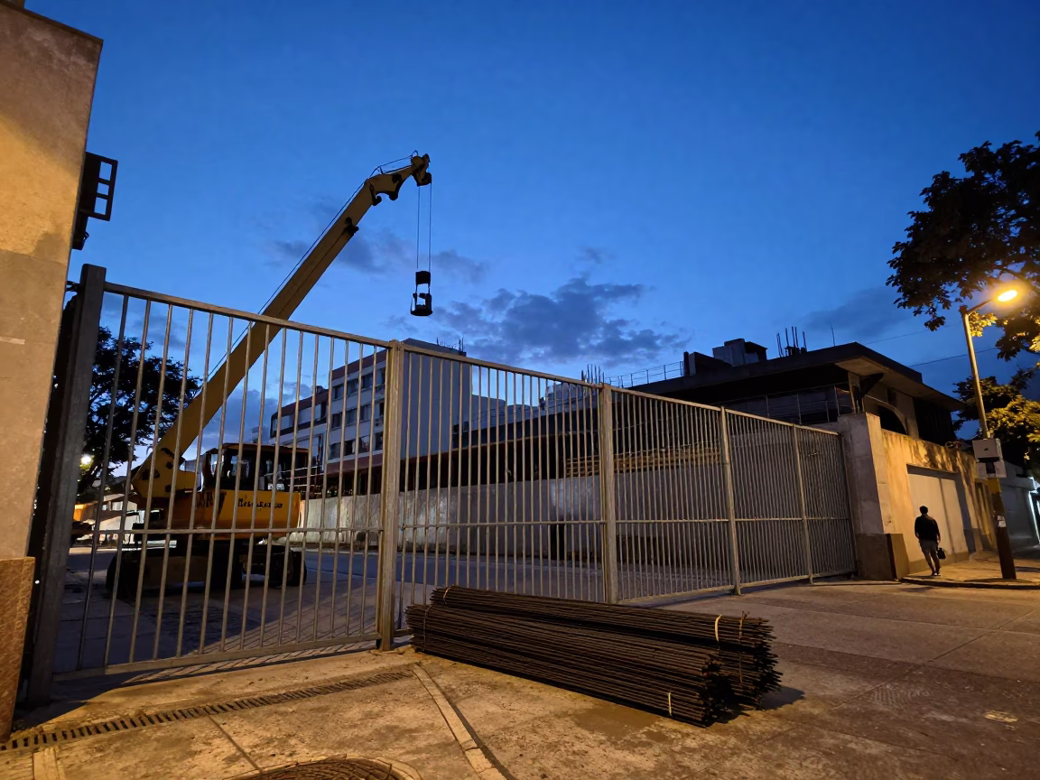 Buenos Aires Twilight Street Scene with Construction Elevator Gate and Rebar Bundles in in Buenos Aires, Argentina