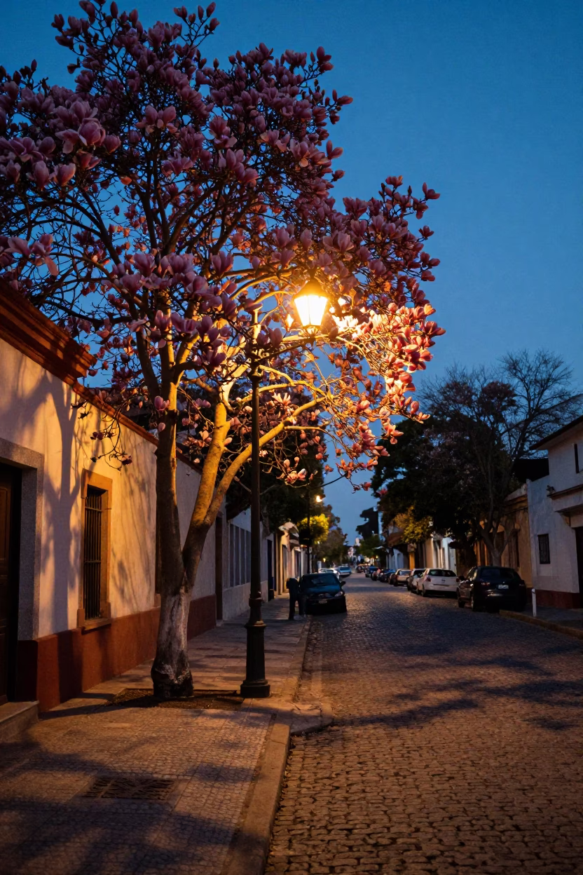 Buenos Aires Twilight Street Scene with Magnolia Bloom and Linen Detail in in Buenos Aires, Argentina