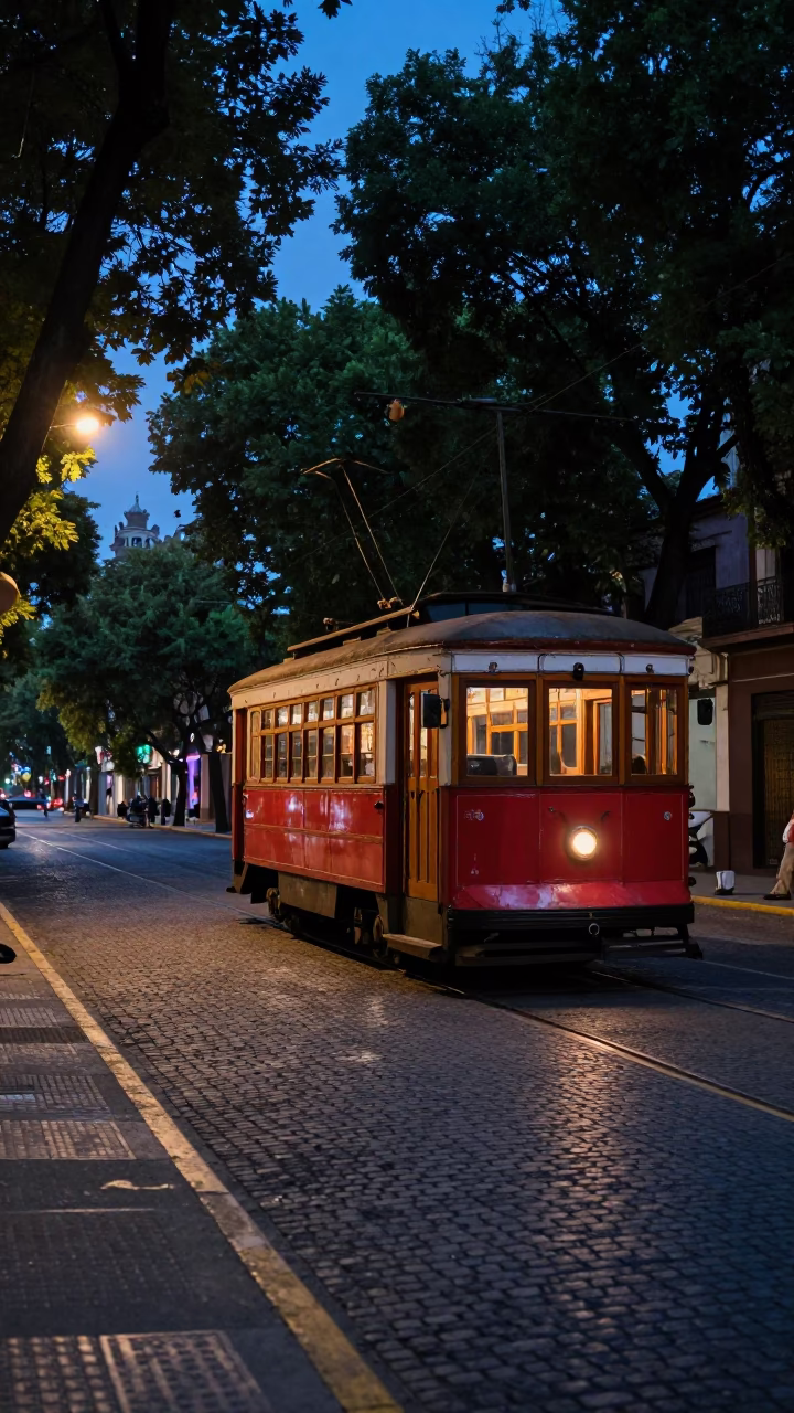 Buenos Aires Twilight Street Scene with Old Trolley and Brushed Steel Details in in Buenos Aires, Argentina