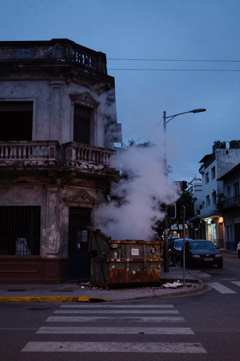 Buenos Aires Twilight Street Scene with Steam and Urban Decay in in Buenos Aires, Argentina