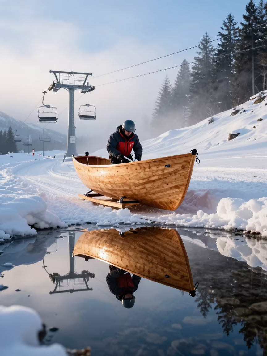 Builder Plans Wooden Hull on Snowy Alpine Run in beneath a chairlift on a snow-packed run near Innsbruck