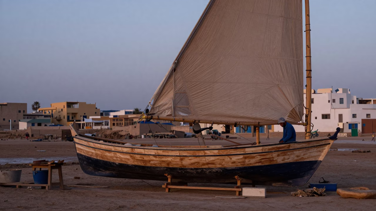 Builder Working in Essaouira at The Still Hours Before Dawn Light in in Essaouira, Morocco