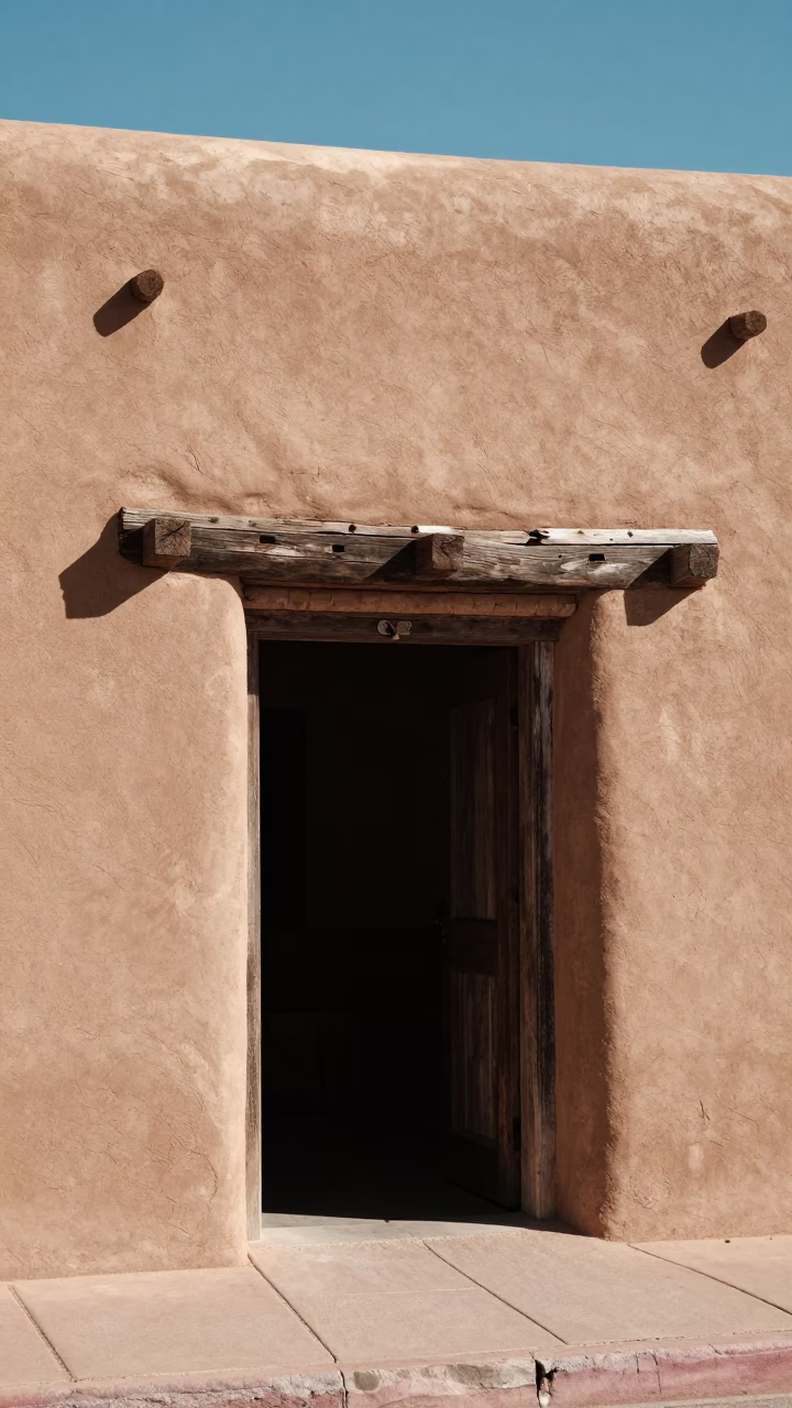 Building Entrance in Santa Fe at The Flat Glare Of Noon Light in in Santa Fe, New Mexico, United States