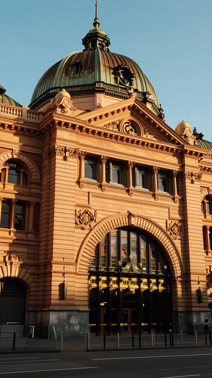 Building Facade in Melbourne at As First Light Reaches The Scene in in Melbourne, Victoria, Australia