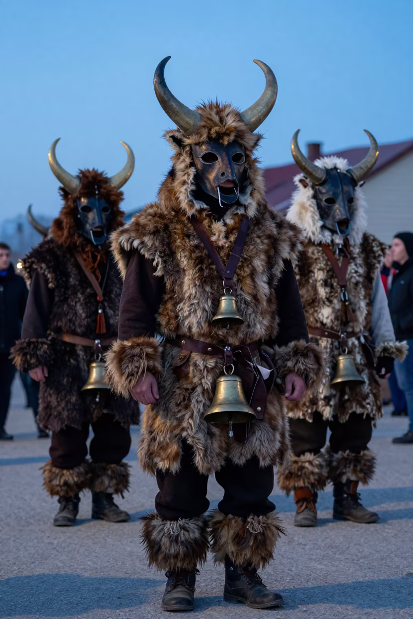 Bulgarian Kukeri Fur Costumes Hawaasa Festival in at a festival street procession in Hawaasa