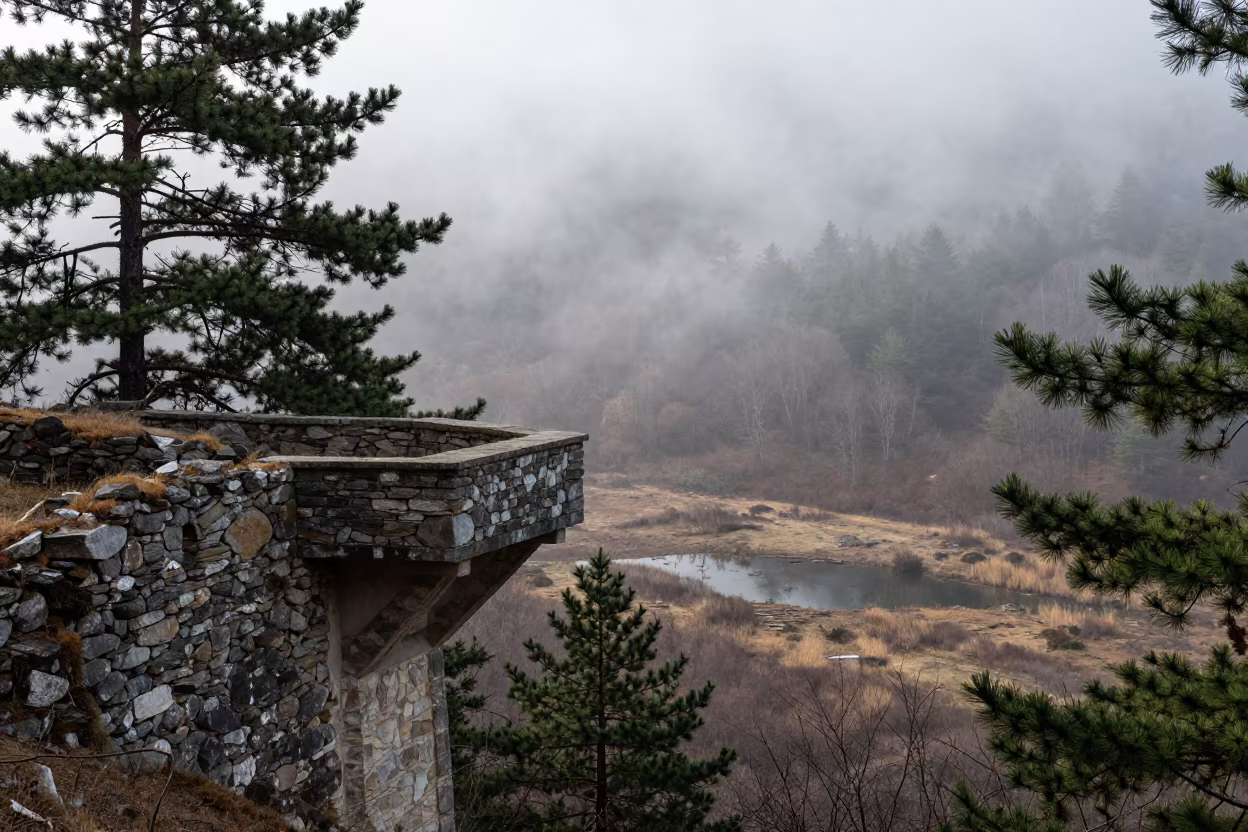 Bulgarian Ruin Balcony Amidst Black Pines in in Bulgaria