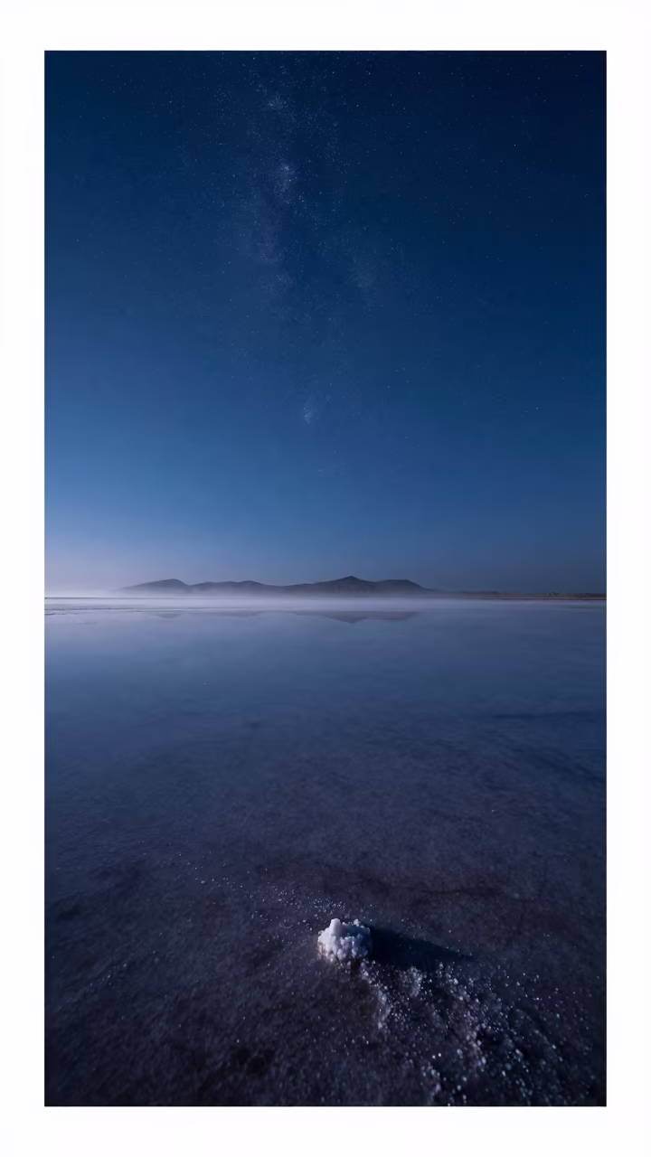Bulgarian Salt Flat Night Sky Reflection in from a frost-hushed ridgeline in Bulgaria