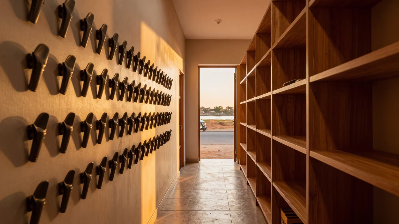 Bulk Bin Scoop Holster in Sunset Light in inside a fitting room corridor near Bissau