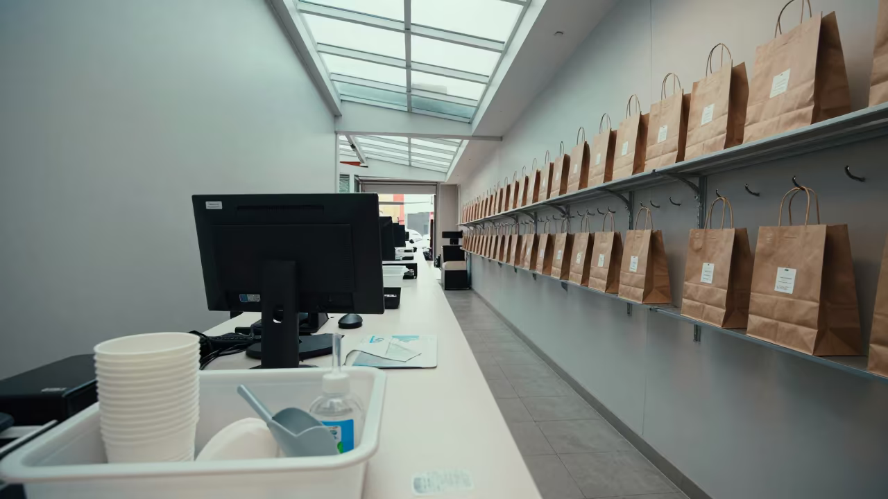 Bulk Scoop Sanitizer Cup at Lima Cash Wrap in at a cash wrap counter with bags stacked nearby near Chorillos, Lima