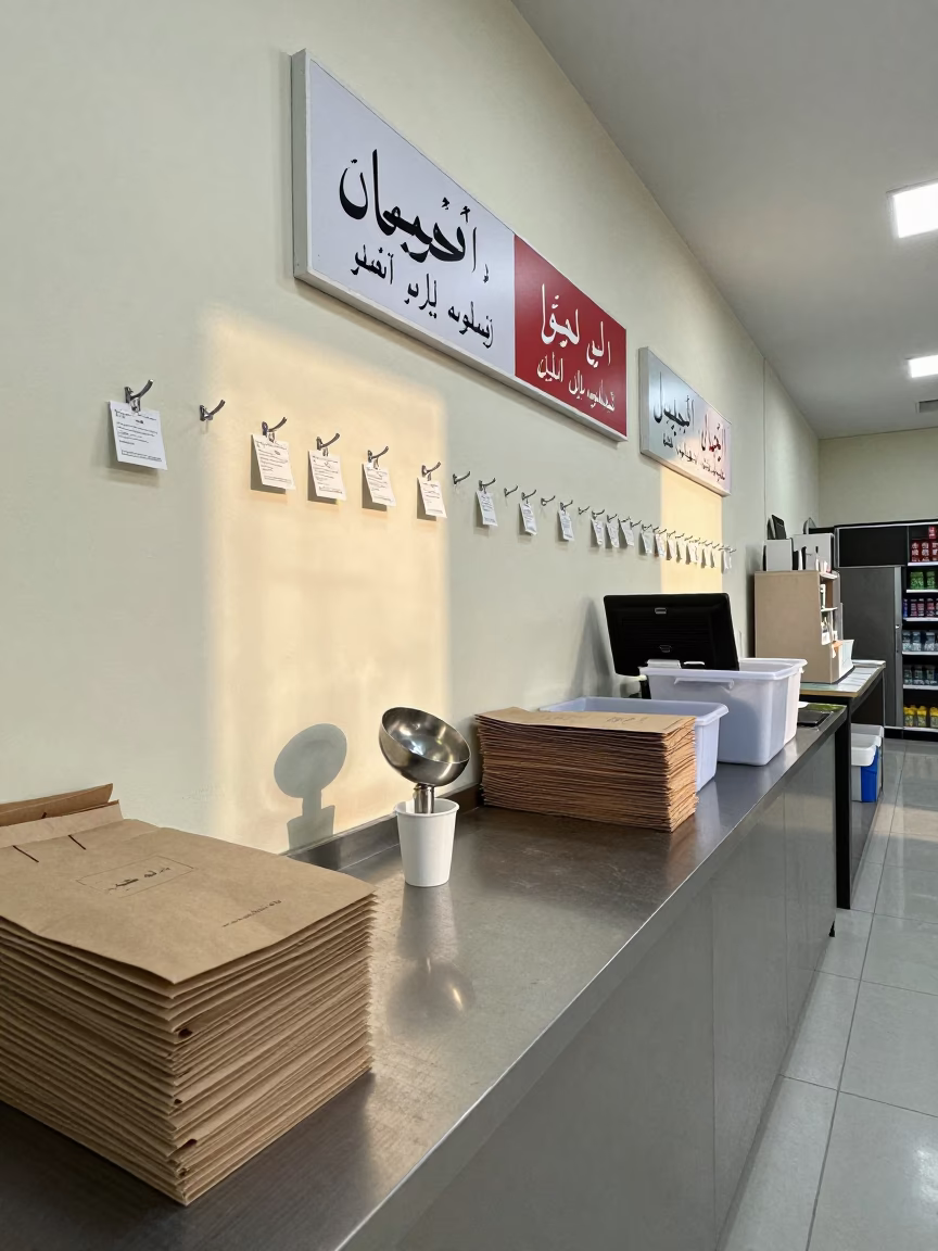 Bulk Scoop Sanitizer Cup on Rawalpindi Counter in at a cash wrap counter with bags stacked nearby in Rawalpindi