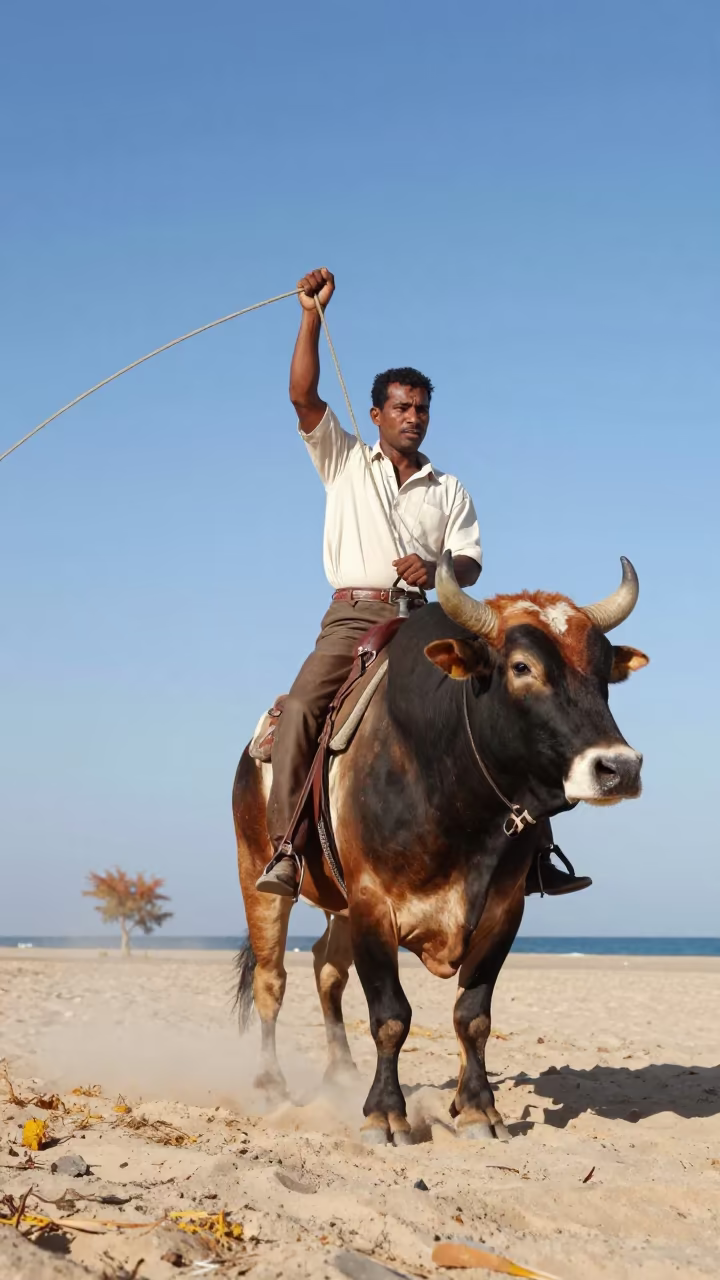 Bull Rider on Muscat Beach Morning in along a beach near Muscat