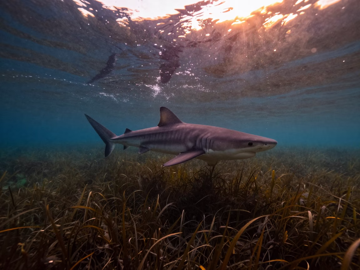 Bull Shark Gliding Through Murky River Water at Sunset in above a seagrass meadow near Sydney