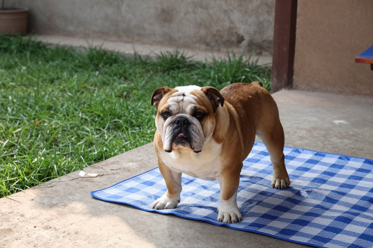 Bulldog on Gwalior Porch in Shaded Afternoon Light in in a small yard with clipped grass, calm light, and the animal centered in frame in Gwalior