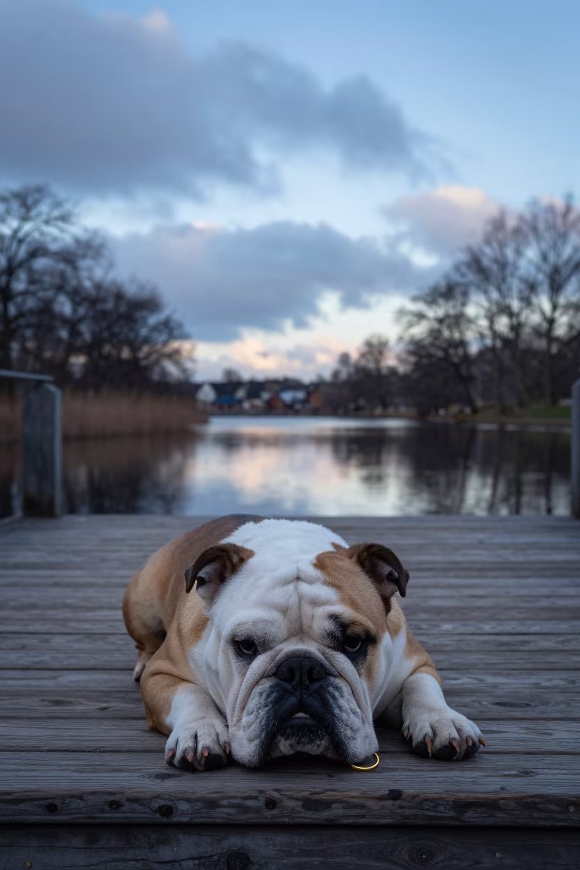 Bulldog on Shaded Porch in Early Winter Aarhus in along a quiet park path with soft open shade and a clean background in Aarhus