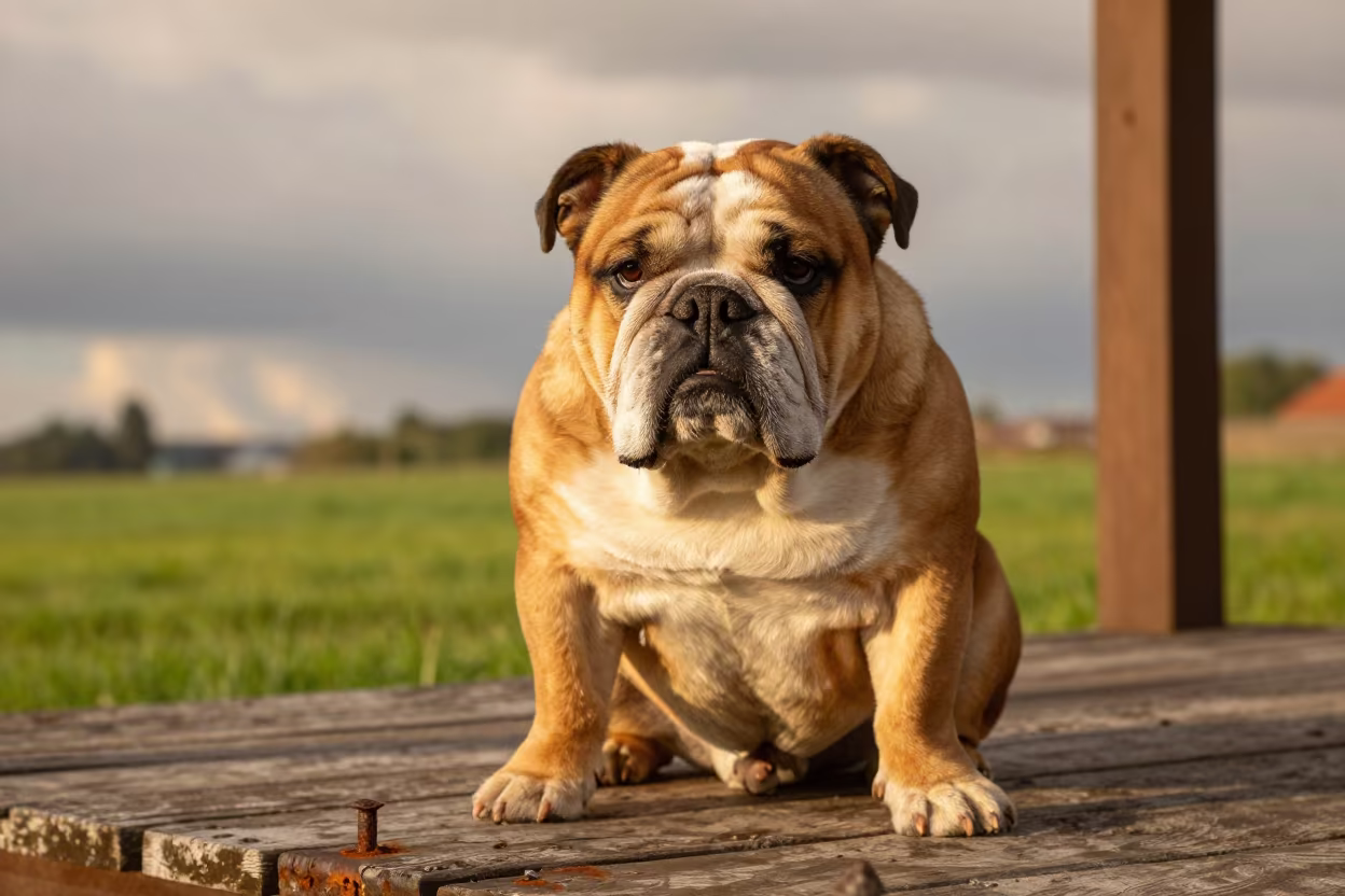 Bulldog on Shaded Porch in Warm Autumn Light in in a small yard with clipped grass, calm light, and the animal centered in frame near Bydgoszcz
