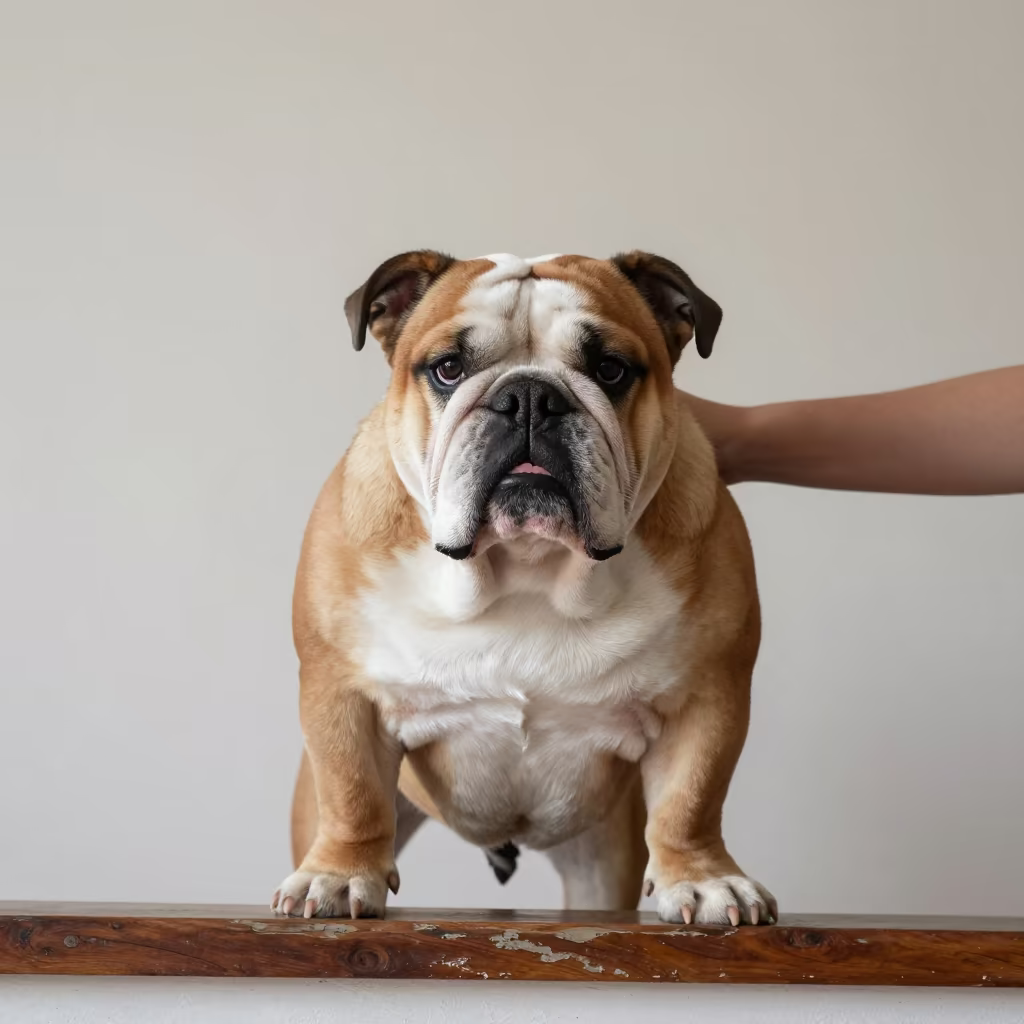 Bulldog Portrait Beside Plaster Wall in Hurghada in beside a plain plaster wall in soft indoor light with the animal centered in frame in Hurghada