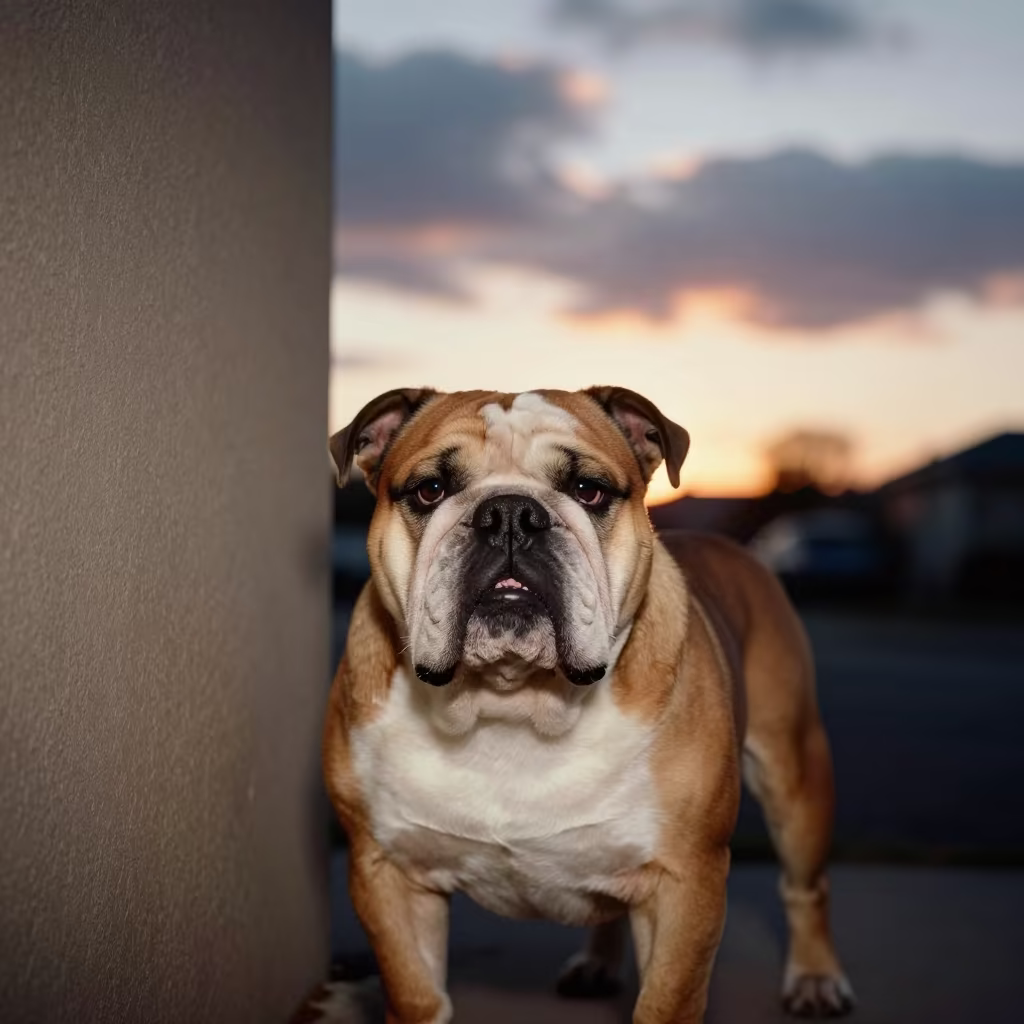 Bulldog Portrait in Amber Sunset Light Victoria in beside a plain courtyard wall in clear daylight with the animal at eye level in Victoria
