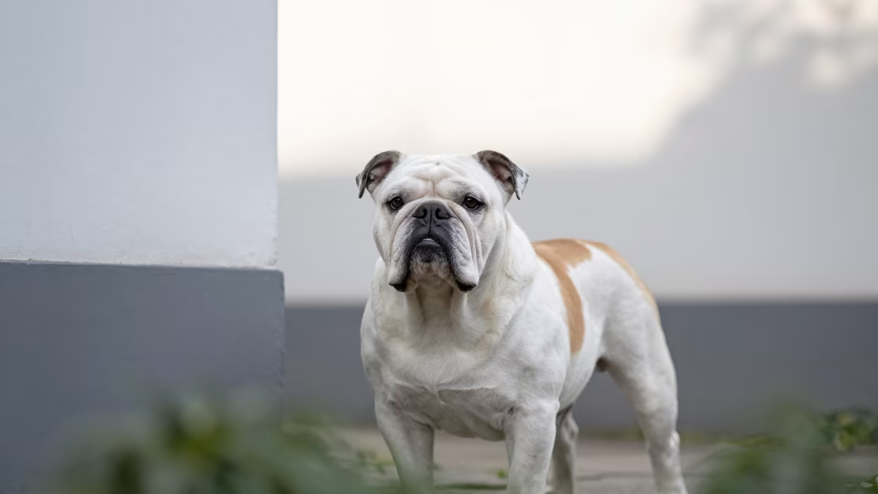 Bulldog Portrait in Hangzhou Courtyard in beside a plain courtyard wall in clear daylight with the animal at eye level in Hangzhou