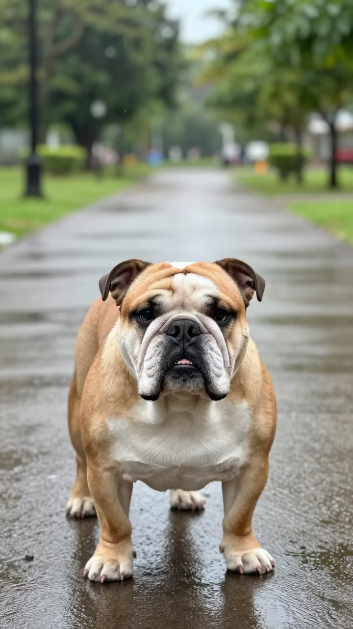 Bulldog Portrait in Park Shade with Rain in along a quiet park path with soft open shade and a clean background in Kulim