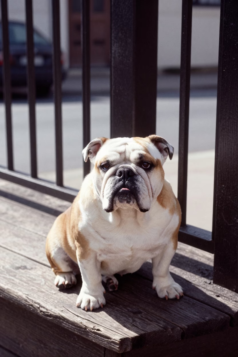 Bulldog Portrait on Basel Porch Early 1960s in on a shaded front porch with boards, railings, and eye-level framing in Basel