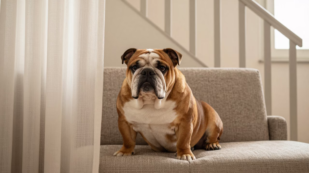 Bulldog Portrait on Sofa Near Curtained Window in Pisa in on a sofa near a curtained window with calm indoor light in Pisa