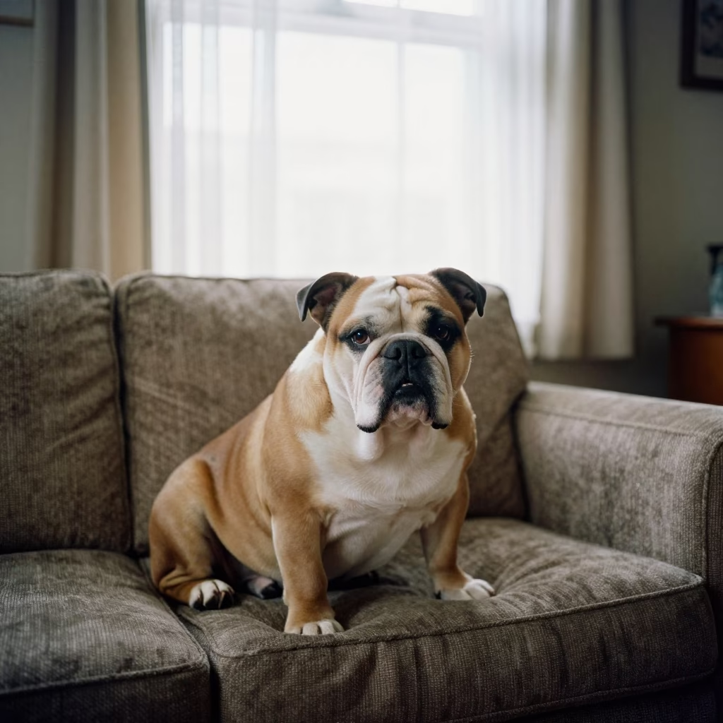 Bulldog Portrait on Sofa Near Window in Natal in on a sofa near a curtained window with calm indoor light in Natal