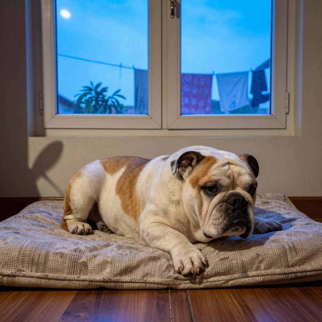Bulldog Resting on Bedspread Near Window in Rajshahi in on a bedspread near a bright window with calm indoor light near Rajshahi