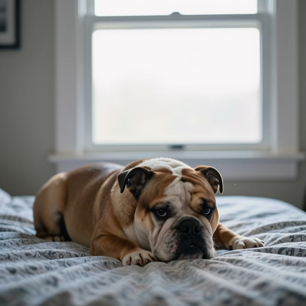 Bulldog Resting on Bedspread Near Window in on a bedspread near a bright window with calm indoor light in Arusha