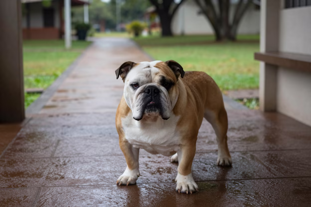 Bulldog Resting on Shaded Park Porch in Manaus in along a quiet park path with soft open shade and a clean background in Manaus