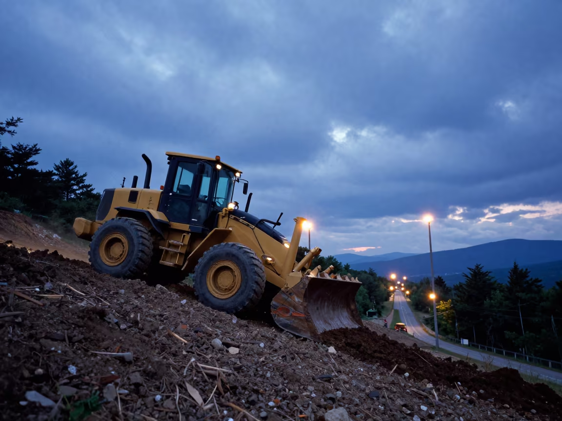 Bulldozer on Hillside at Blue Hour in across an active works site in New Hampshire