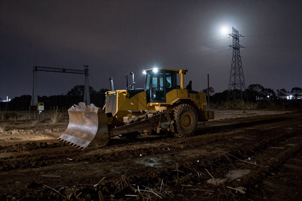 Bulldozer Moving Earth Under Night Sky Charleston in under gantries and utility towers near Charleston