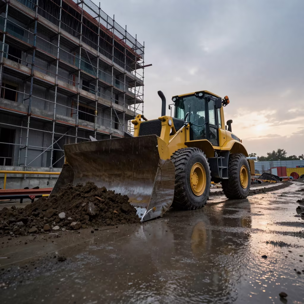 Bulldozer Pushing Earth at Dawn Monsoon in along a scaffolded facade near Taoyuan