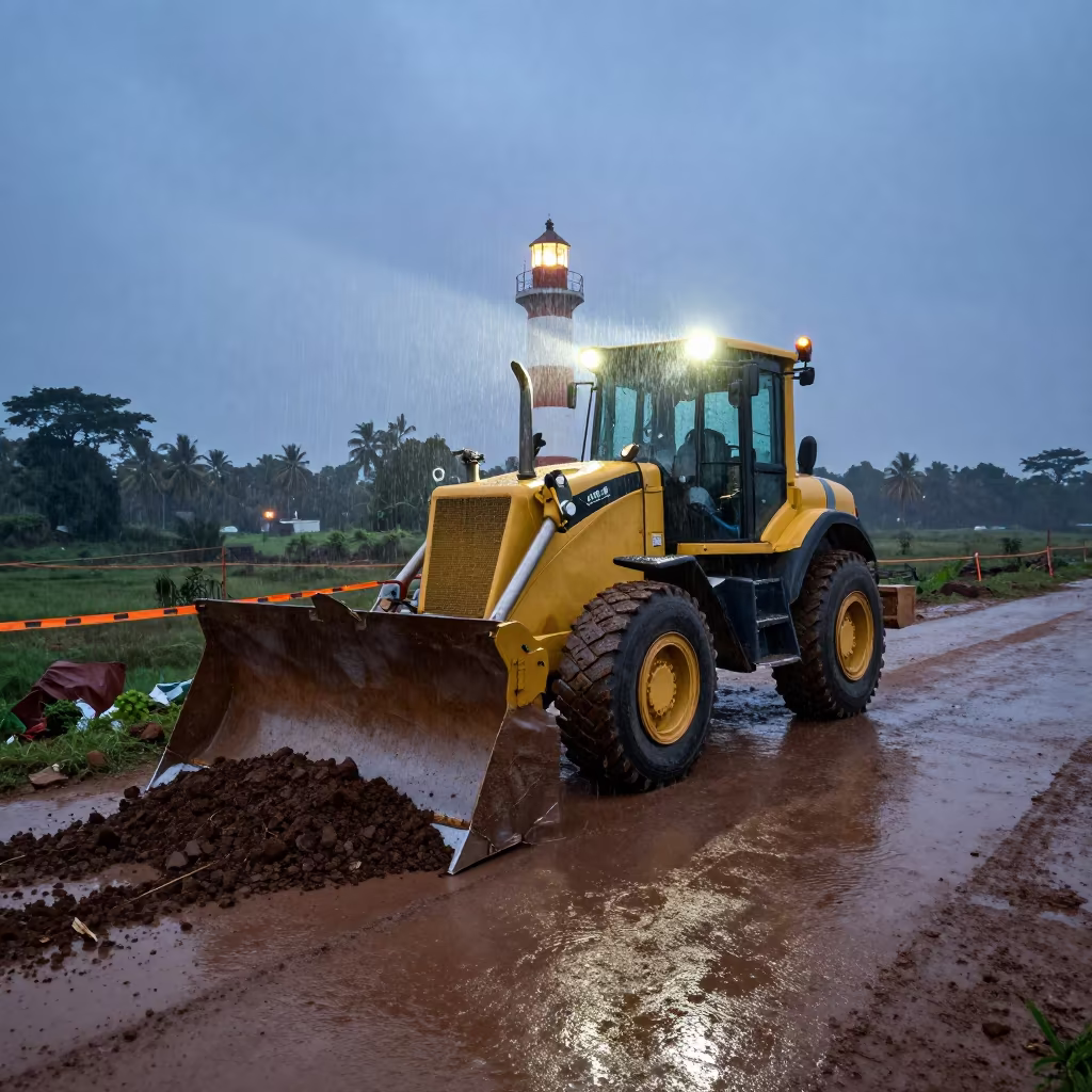 Bulldozer Pushing Earth Monsoon Predawn in at a muddy site access road in Tamil Nadu
