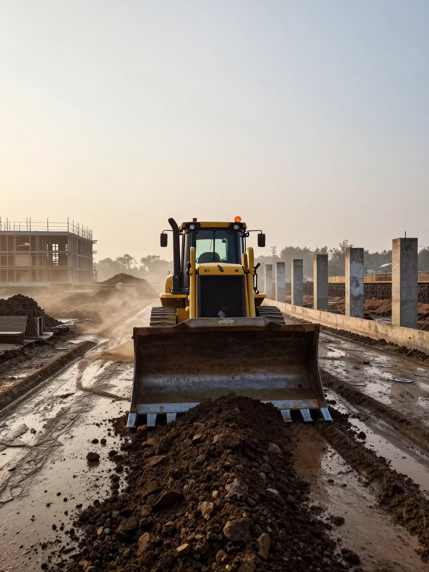 Bulldozer Pushing Earth at Dawn in Cagua in beside a framed building shell in Cagua