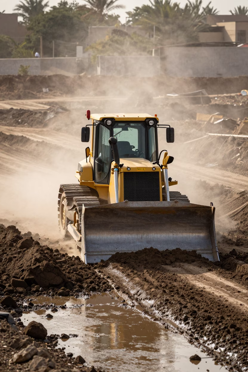 Bulldozer Pushing Earth on Massarah Construction Site in on an active construction deck in Massarah