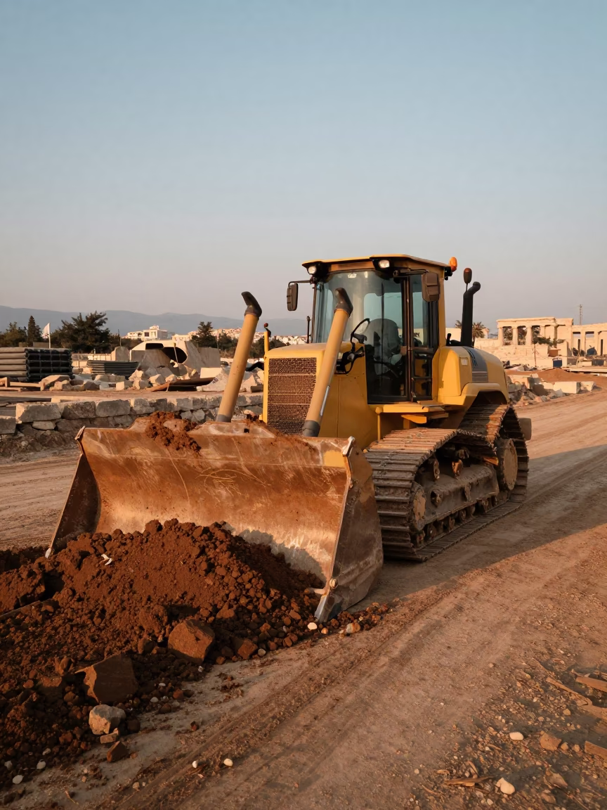 Bulldozer pushing earth on leveled construction site in Athens Greece evening light in in Athens, Greece