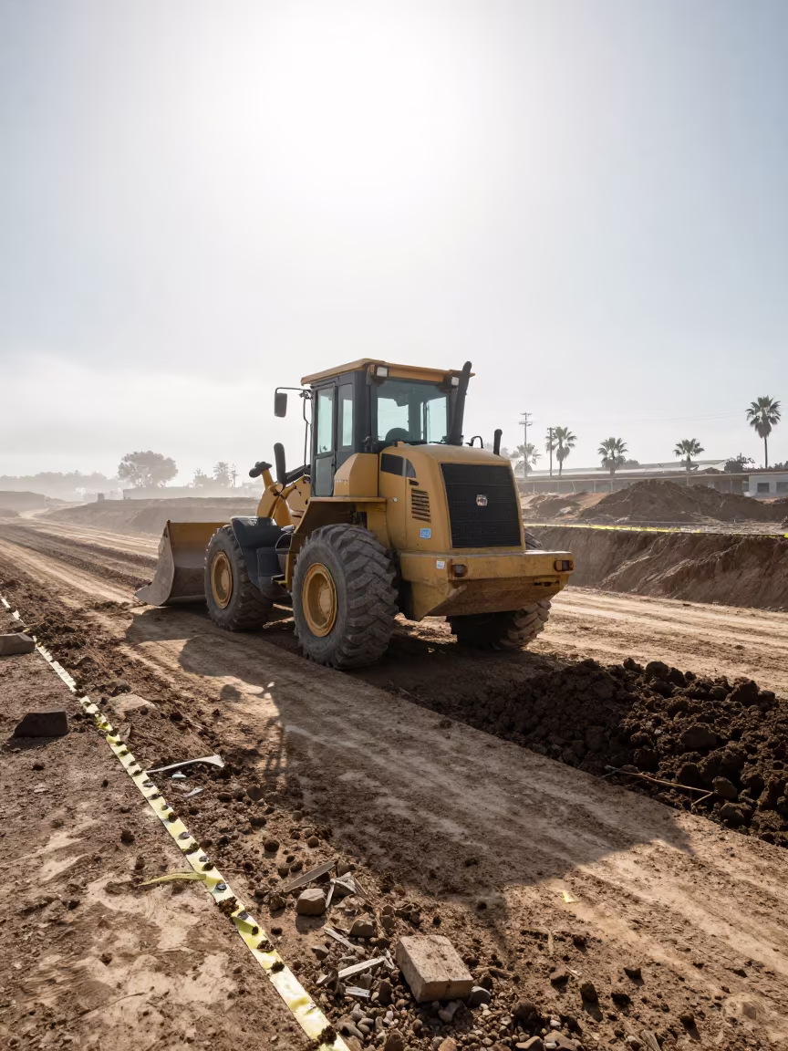 Bulldozer Pushing Earth at San Jose Construction Site in inside a taped-off excavation edge near San Jose