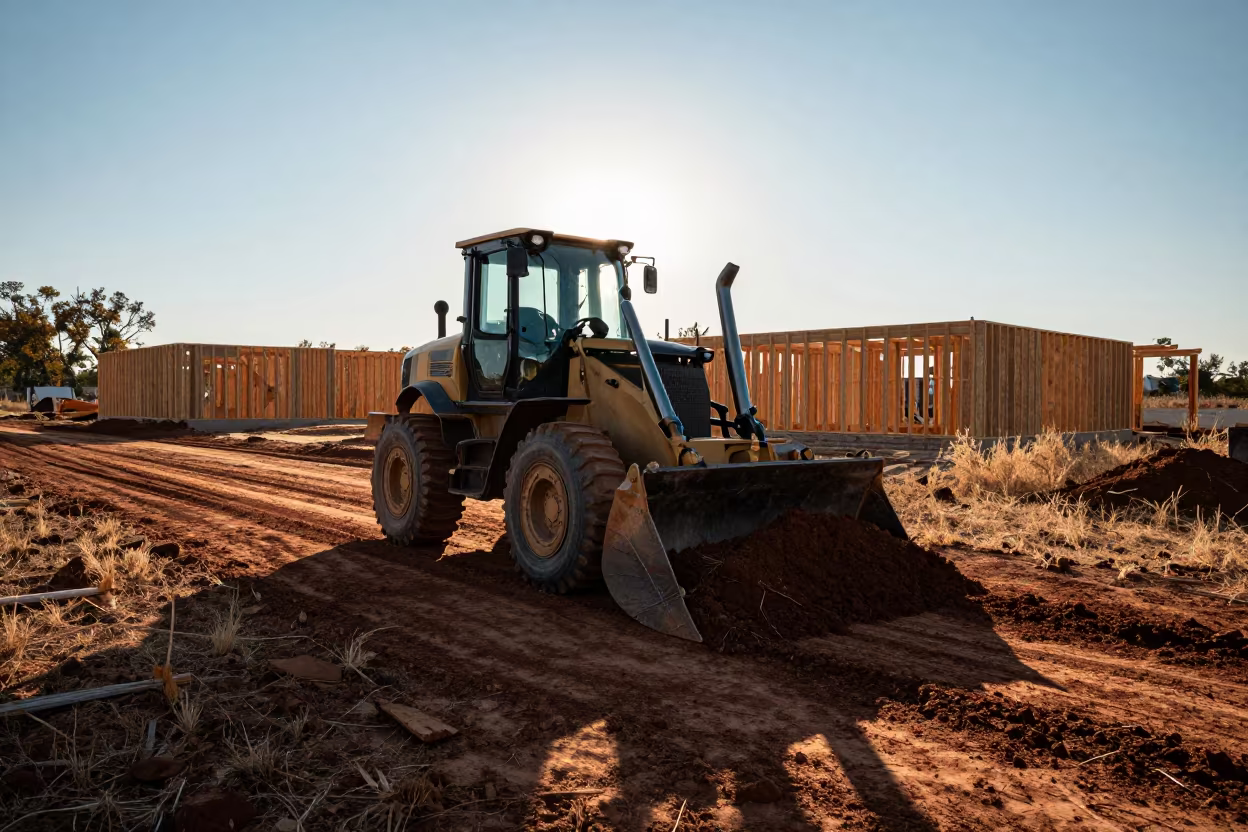 Bulldozer Silhouette at Construction Site Sunset in beside a framed building shell in Piedmont