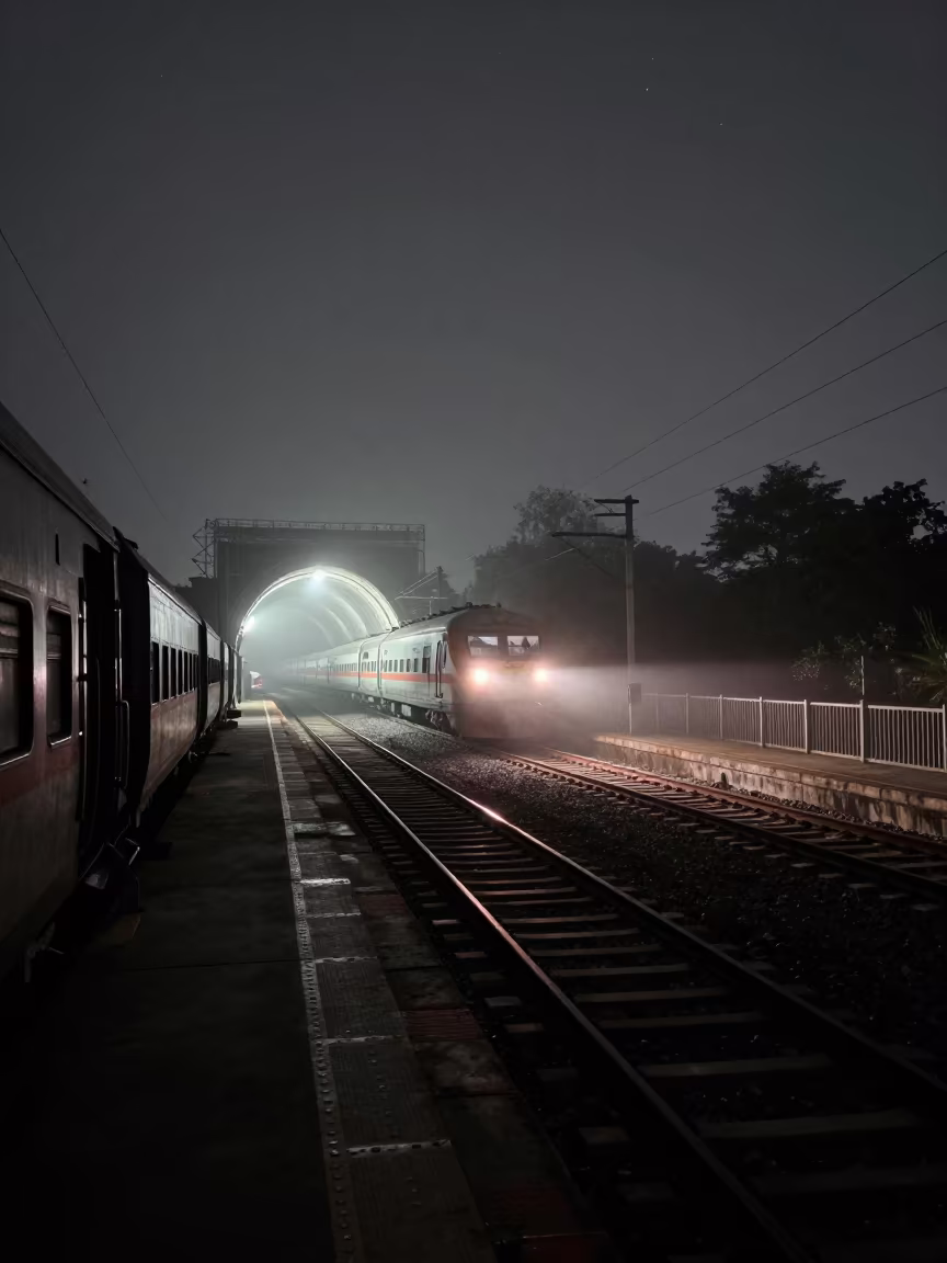 Bullet Train Emerging Night Harbor Fog in beside a fogbound harbor mouth in Chhattisgarh