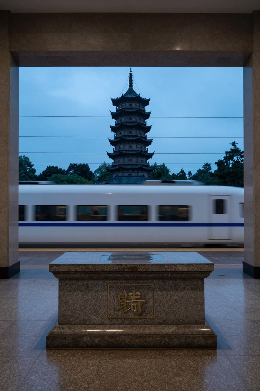 Bullet Train Passes Stone Pagoda Dusk in at the foot of a stone altar in Lombok