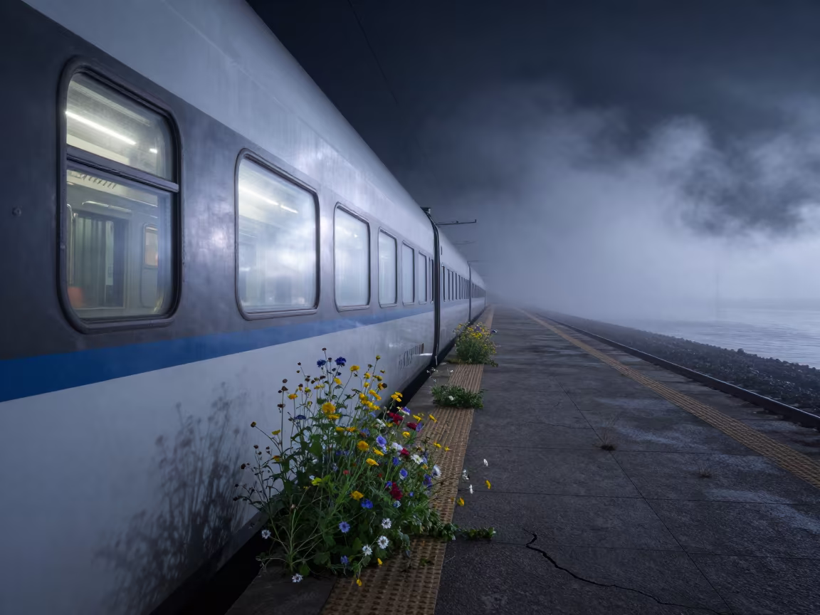 Bullet Train Reflected in Foggy Mongolia Night in beside a fogbound harbor mouth in Mongolia