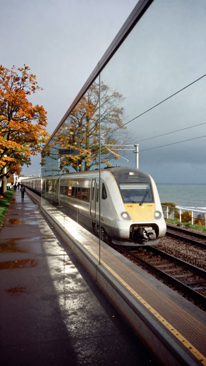 Bullet Train Reflection Autumn Storm Glasgow in on a wind-open causeway near Glasgow