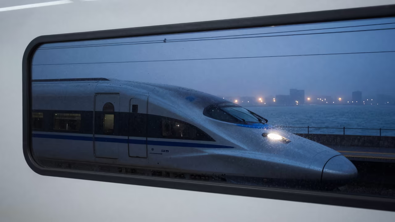 Bullet Train Silhouette Reflected Harbor Window in beside a fogbound harbor mouth near Nairobi