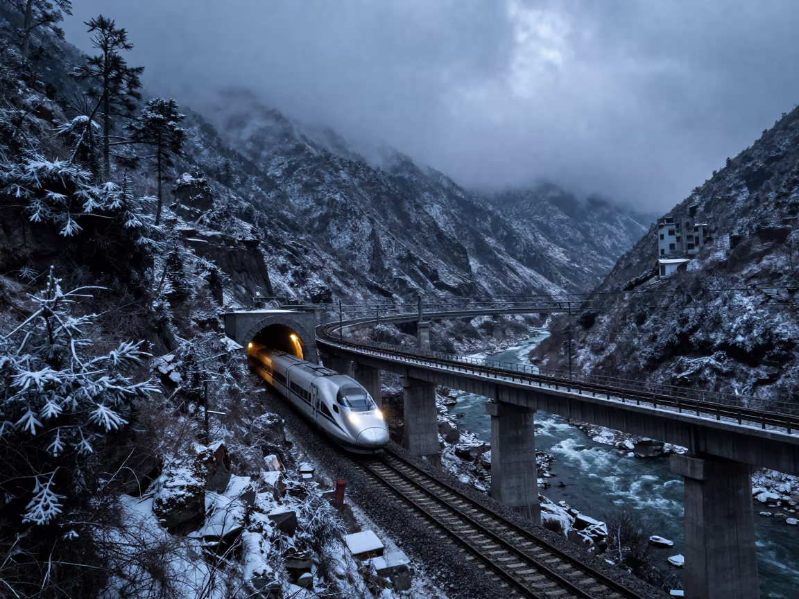 Bullet Train Tunnel Exit Sikkim Winter Night in across a remote ferry crossing in Sikkim