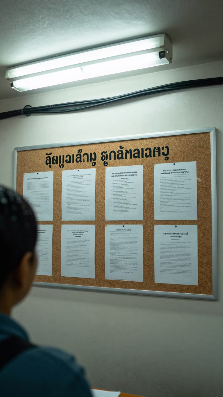 Bulletin Board with Broadcast Cables in Yangon Office in inside a campaign office near Dala, Yangon