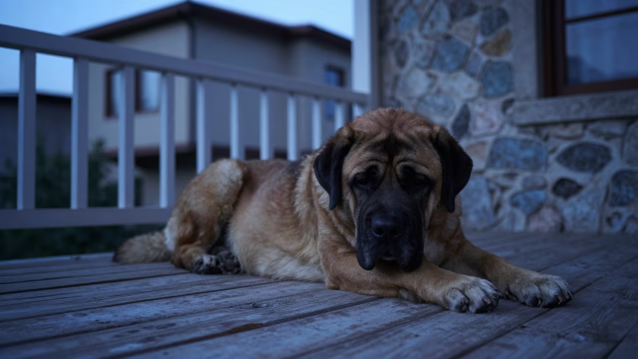 Bullmastiff on Shaded Kayseri Porch in Evening Blue in on a shaded front porch with boards, railings, and eye-level framing near Kayseri
