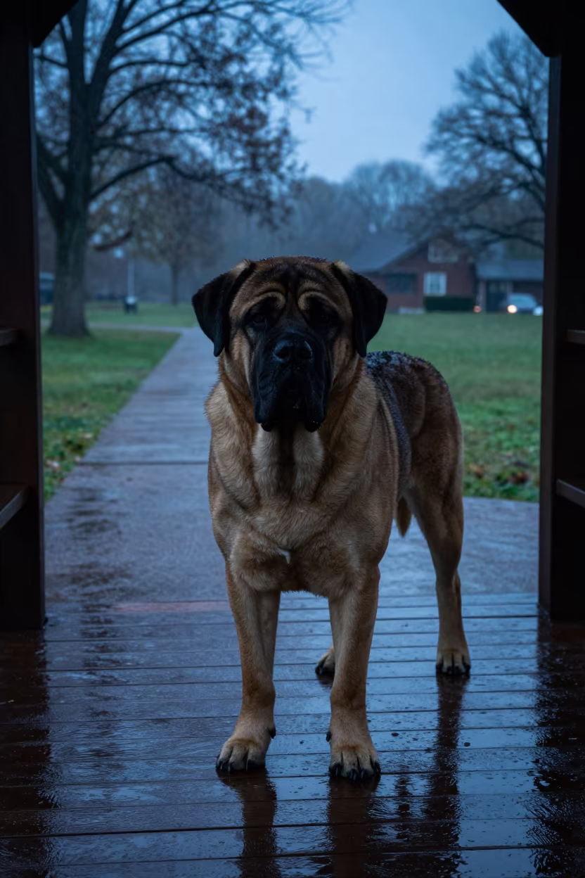 Bullmastiff on Shaded Porch During Rainy Blue Hour in Bidar in along a quiet park path with soft open shade and a clean background in Bidar