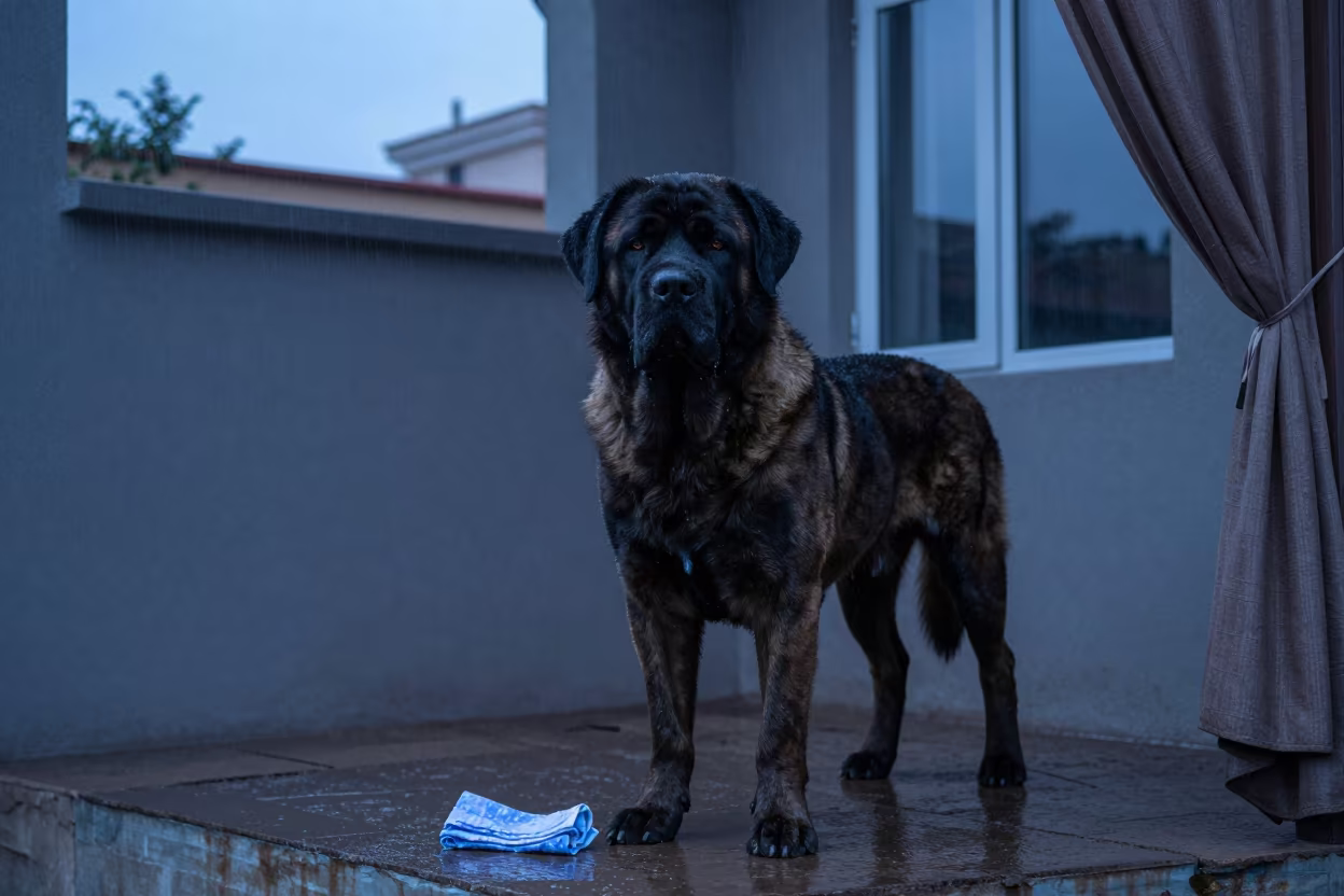 Bullmastiff on Urumqi Porch Drizzle in beside a plain courtyard wall in clear daylight with the animal at eye level near Urumqi