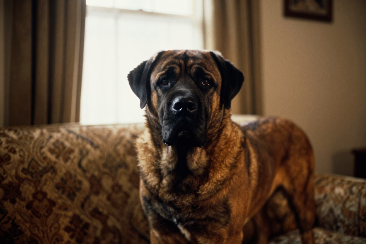 Bullmastiff Portrait in 1994 Window Light in on a sofa near a curtained window with calm indoor light near Peterborough